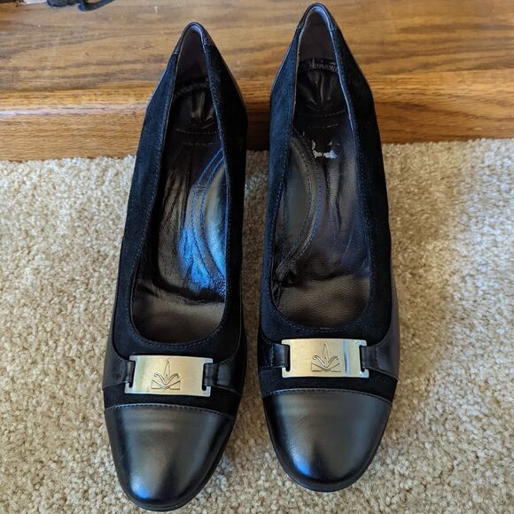 𝅺michael toschi black suede and patent leather chunky heel shoes sz 39 euc - Picture 1 of 7